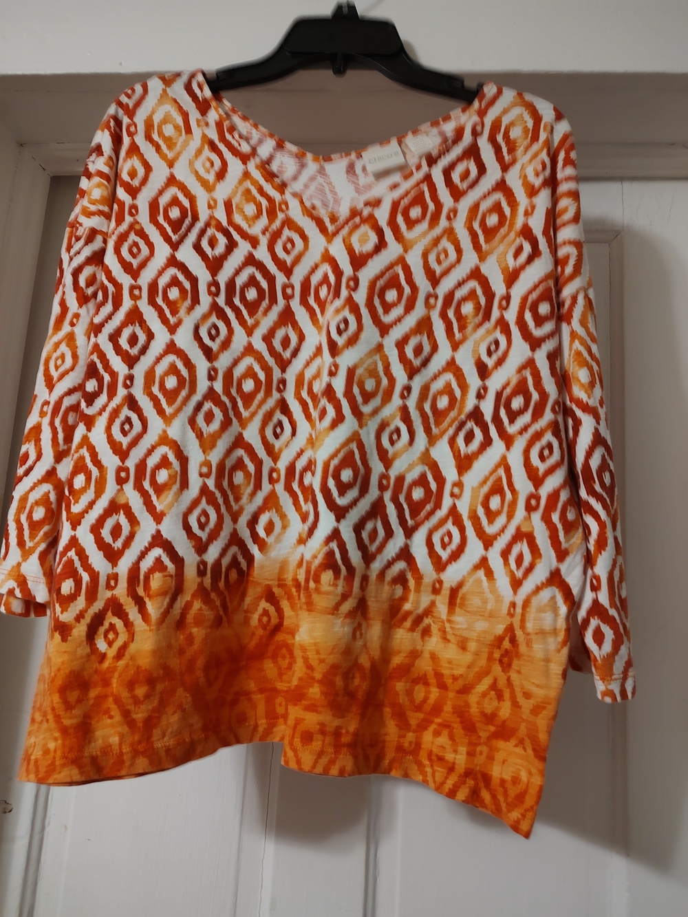 Chico's Orange and White Geometric V-Neck Tunic with Dip-Dye Hem